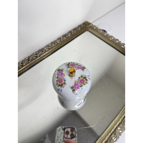 Porcelain Vanity Trinket / Jewelry Jar with Lid and Pink Rose, Yellow Flower - Picture 3 of 10